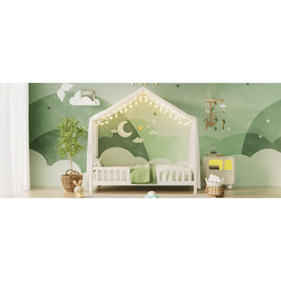 Lit sur pied avec auvent Montessori, cadre de lit simple pour enfants, cadre de lit pour tout-petits en forme de maison avec rampes hautes, lit pour enfants en bois avec toit, lit simple pour enfants, blanc