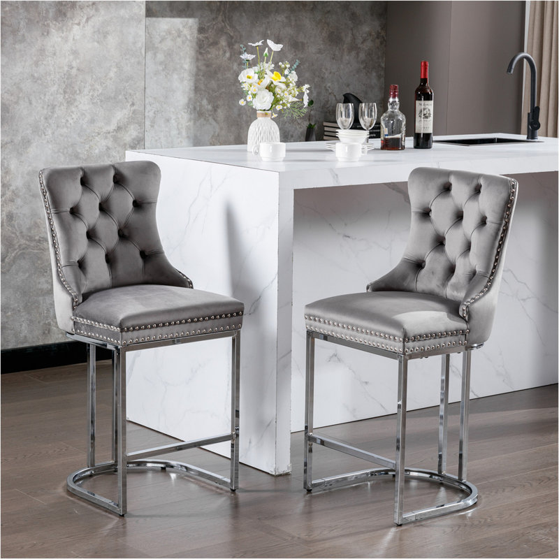 26" Counter Height Bar Stools Set Of 2, Modern Velvet Barstools With Button Back&Rivet Trim Upholstered Kitchen Island Chairs With Sturdy Chromed Metal Base Legs Farmhouse Bar Stools