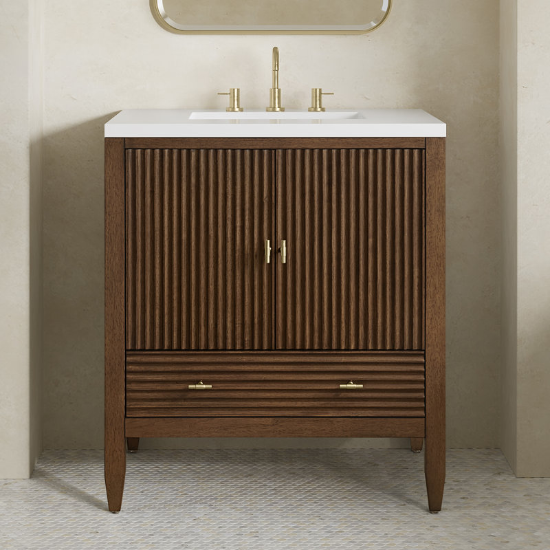 Myrrin 30" W Single Vanity, White Zeus Silestone, Mid-Century Walnut, 8" Widespread