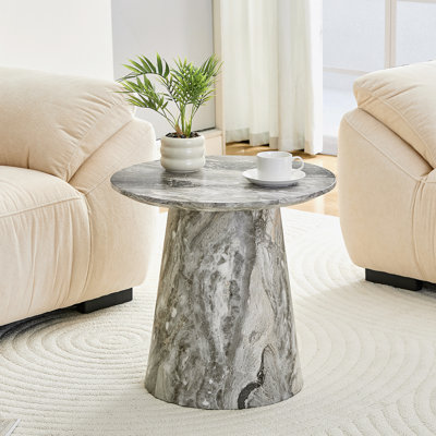 Table basse circulaire gris en fibres à densité moyenne texturée - diamètre 19,6 pouces, hauteur 18,8 pouces, placage texturé gris, texture délicate, adaptable à un plateau de table circulaire.