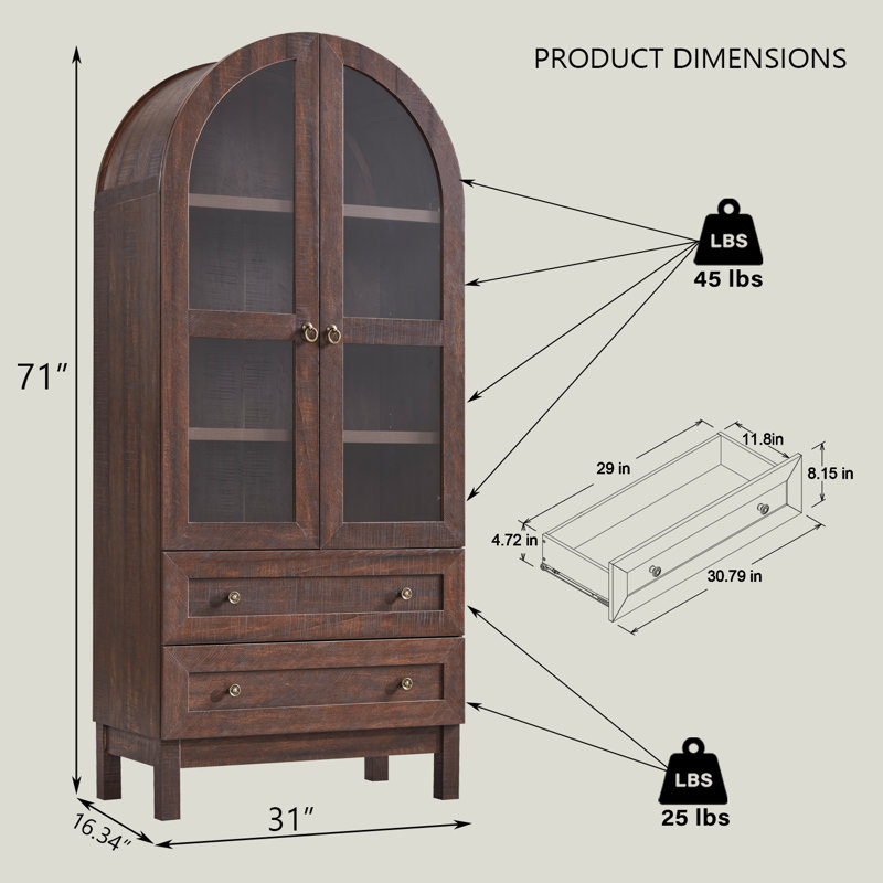 Armoire de rangement de 71 po de hauteur pour salle de bain arquée moderne, armoires de rangement en bois de ferme avec 2 grands tiroirs et tablettes réglables