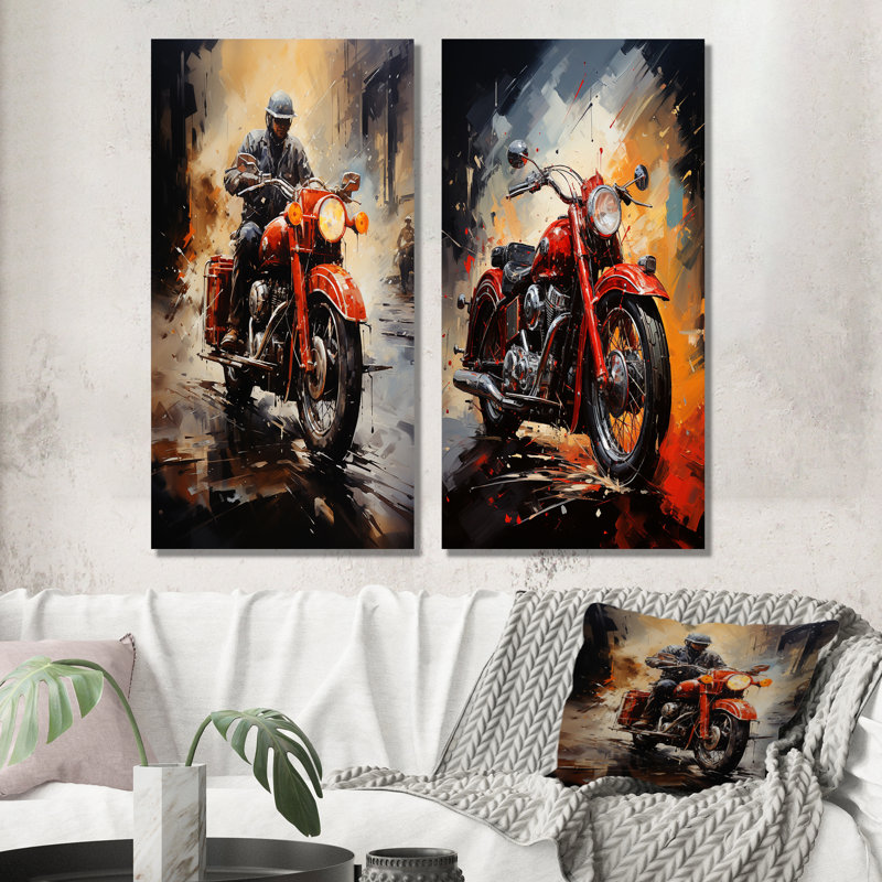 Crimson Thunder Red Dirt Bike - ensemble de 2 reproductions d'art moto, Toile tendue, H 28 po x l 25 po