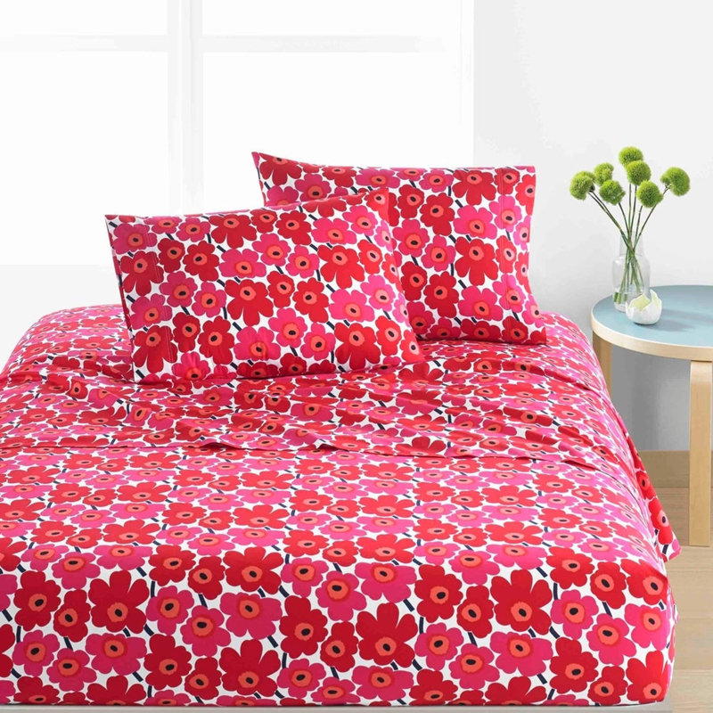 Marimekko Printed Cotton Percale Sheet Sets, King Sheet Set with 2 King Pillowcases, Mini Unikko Red