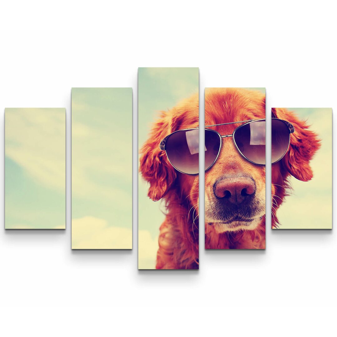 5-tlg. Leinwandbilder-Set Golden Retriever mit Sonnenbrille