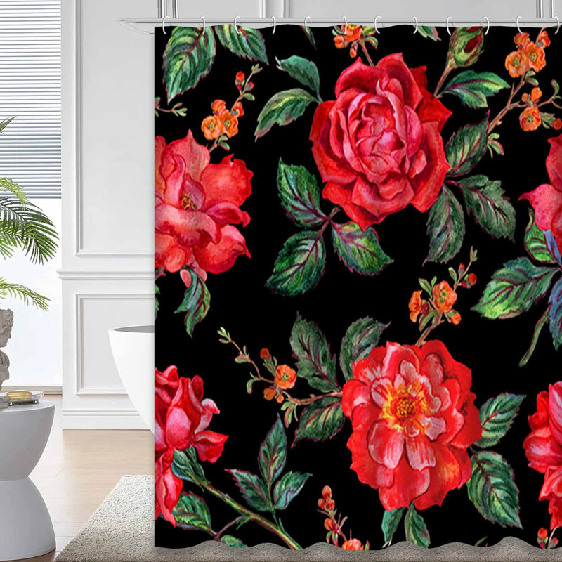 Rideau de douche imperméable à motif floral noir et rose avec 12 crochets, L 72 po x l 78 po
