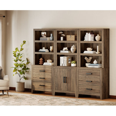 74" Tall Bookshelf With Doors And Drawers, Wooden Bookshelf With Open Storage Shelf, Farmhouse Bookcase For Living Room, Home Office,Library, Brown