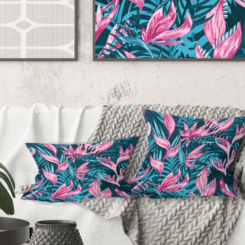 Fleurs tropicales dessinées à la main - Coussin décoratif imprimé Mid-Century