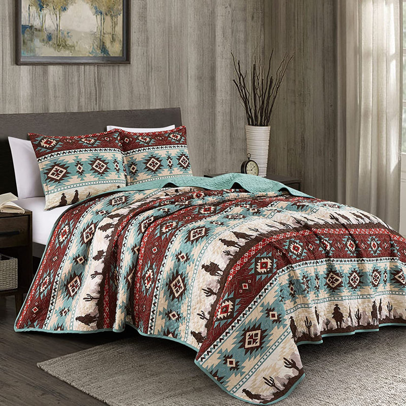 Dune Microfiber Coverlet Southwestern Cowboys Aztec Quilt Set, King Coverlet + 2 King Shams