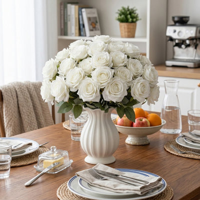 Artificial Flowers In Ceramic Vase, 3 Bouquet Of Realistic Rose Bouquet Decorations For Wedding Decoration Table Centerpieces, Suitable For Home, Office, And Party Decoration