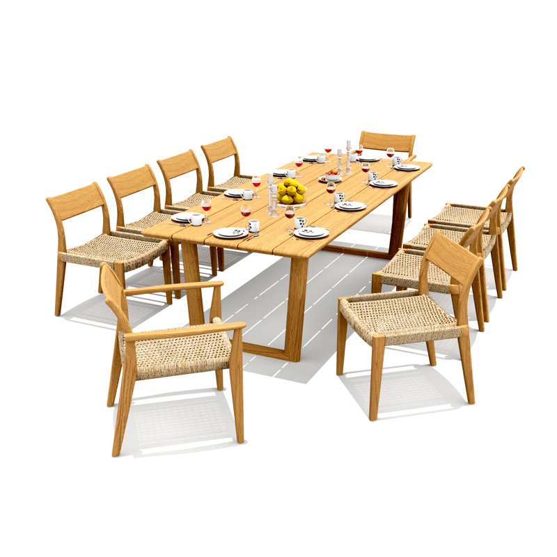 9 Pcs Grade-A Teak Wood Dining Set: 84" Amilo Rectangle Table And Amilo Stacking Chairs (2 Arm & 6 Armless Chairs) #11AM3002