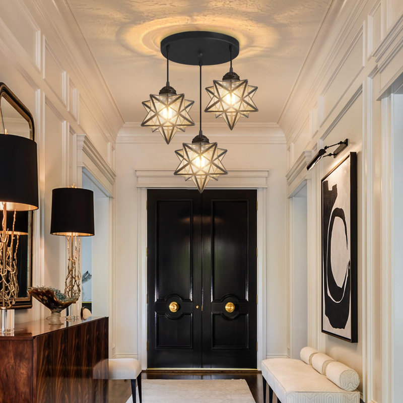 3-light Glam Chandelier With Glass Star, Matte Black, Gold
