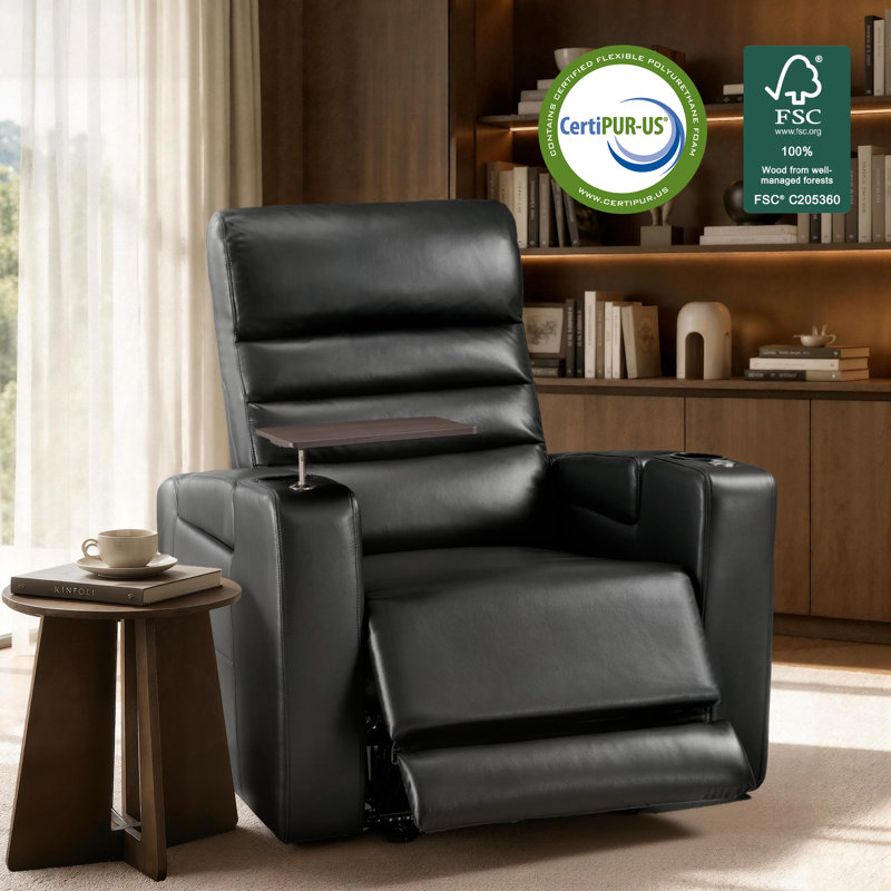 Zero-Gravity Power Reclining Home Theater Seating with Adjustable Headrest & Swivel Tray, Faux Leather, Black