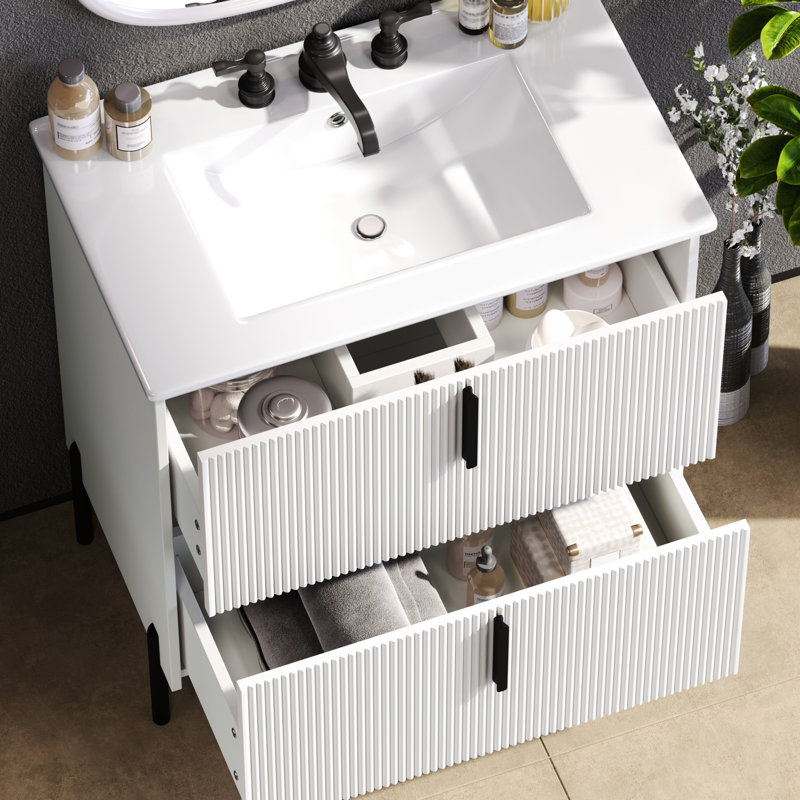 Meuble-lavabo de salle de bain de 76 cm (30 po) avec lavabo en céramique intégré, tiroir cannelé à fermeture amortie, espace d'extension, poignée de 14,7 cm (5,8 po), pied de 21 cm (8,27 po), blanc, style américain, glissières sous plan.