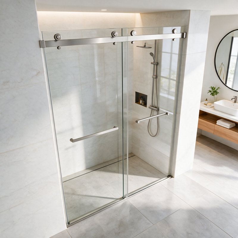 Porte de douche coulissante double sans cadre de 60 pouces avec verre trempé, Nickel brossé