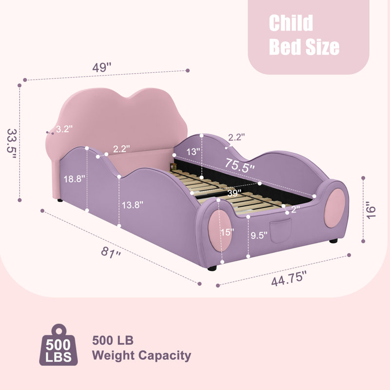 81" Twin Cloud Toddler Bed with Safety Guardrails, PU Leather Upholstered Kids Platform Bed with Storage Pocket, No Box Spring Needed