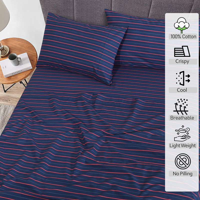 100% Cotton Sheets Sets Soft Crispy Percale Cooling Sheets 16 Inch Deep Pocket Bed Sheets, Nautical