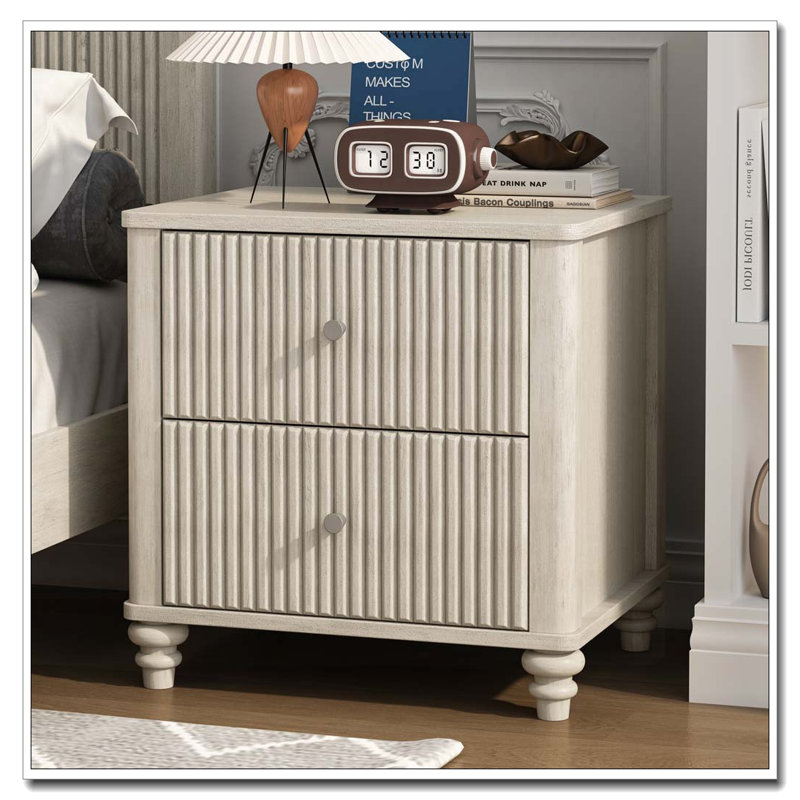 Table de chevet cannelée à 3 tiroirs, Beige, Individuel