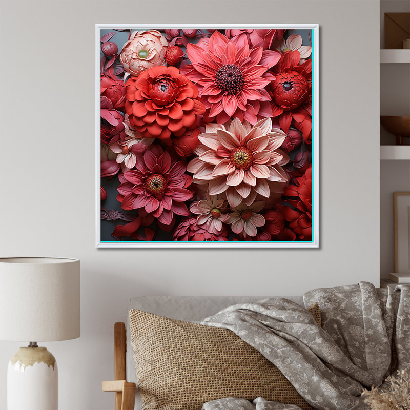 Zinnias rouges - fleurs symboliques, Cadre flottant blanc, H 36 po x l 36 po