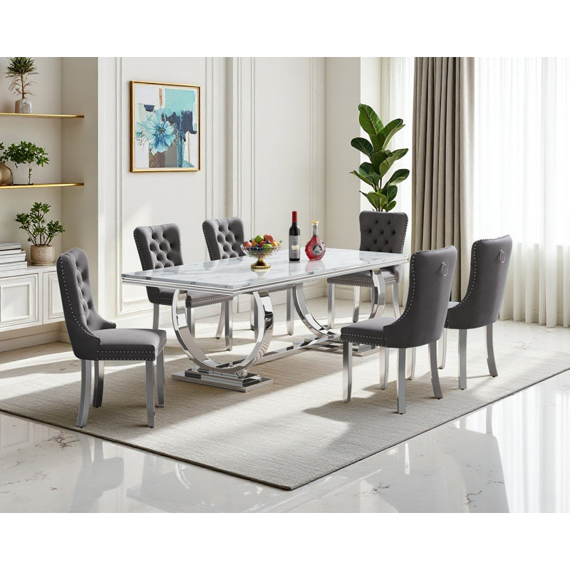 Luxury 68" Dining Table Set for, White Faux Marble Dining Table with Velvet Dining Chairs, Modern Kitchen Table and Chairs Set, Luxury Dining Table Set for Kitchen Dining