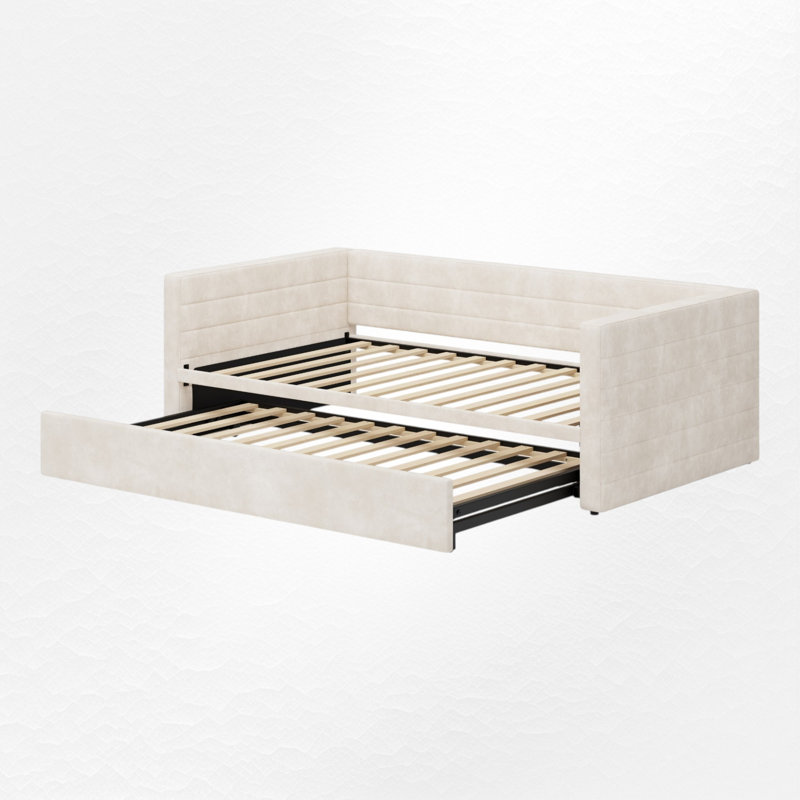 Upholstered Extendable Daybed With Trundle, Beige
