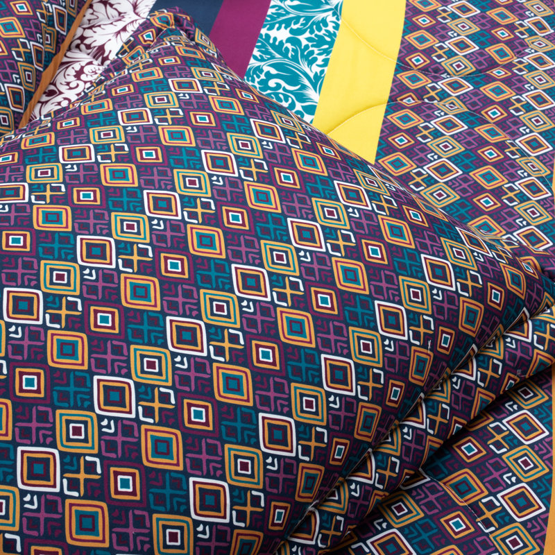 Boho Stripe Turquoise/Tangerine Microfiber Reversible Comforter Set, Full/Queen Comforter+4 Shams+2 Throw Pillow, Plum