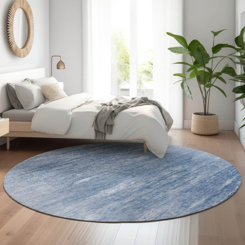 Tapis bleu Prisco lavable à la machine de qualité supérieure, Rond 8 pi