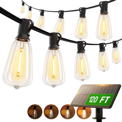 50Ft Solar St38 String Lights Outdoor, 2700K Warm White Patio Lights With 30 Shatterproof Vintage St38 Led Filament Bulbs, Dimmable Waterproof Edison Hanging Light With 19*11Cm Solar Panel For Backyard Deck Garden Roof