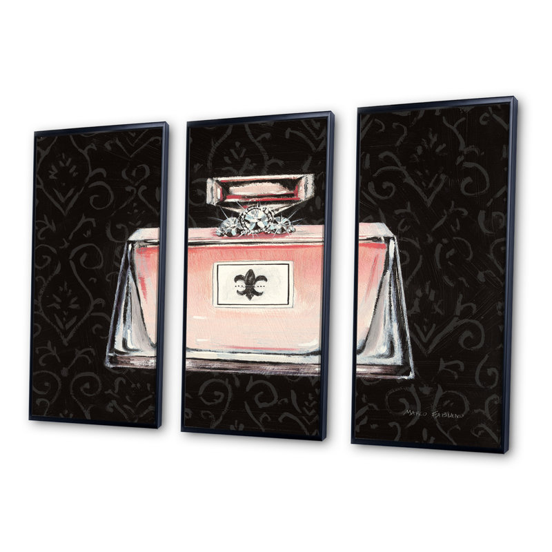 Glam & Fashion Parfum Boudoir I - Ensemble d'art mural sur toile traditionnel encadré de 3, H 28 po x l 36 po x P 1 po, Noir