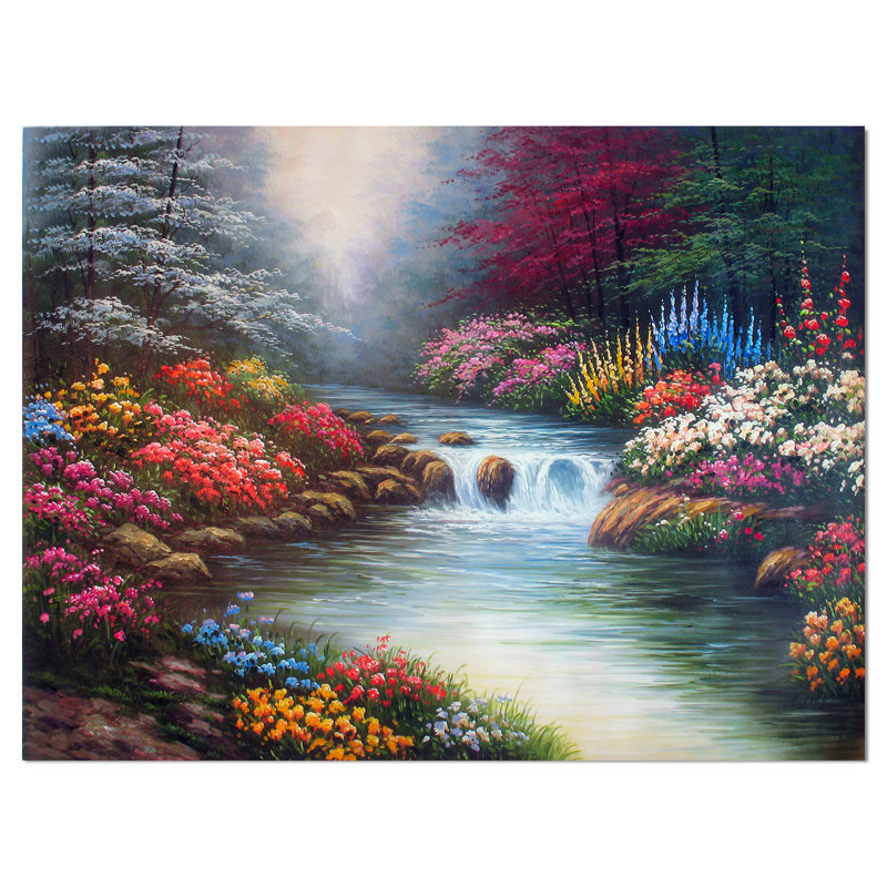 Floral Flower Garden in River Side - Reproduction d'art graphique sur toile tendue, H 30 po x l 40 po x P 1,5 po