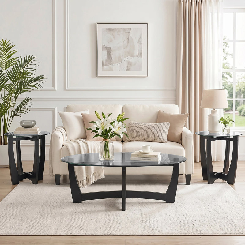 Ensemble de table basse et table de bout en verre 3 pièces, table basse ovale 48 po avec 2 tables d'appoint rondes de 23,5 po, base en bois pour le salon