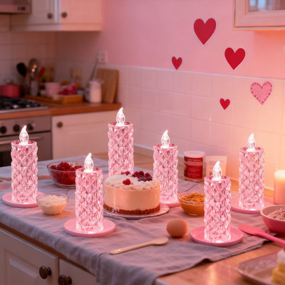 6 Pcs Valentine's Day LED Pillar Candle Lights, Rose Shade Flameless Crystal Candle Lights, Battery Operated for Valentine's Day Wedding Anniversary Mother's Day Decoration, Pink