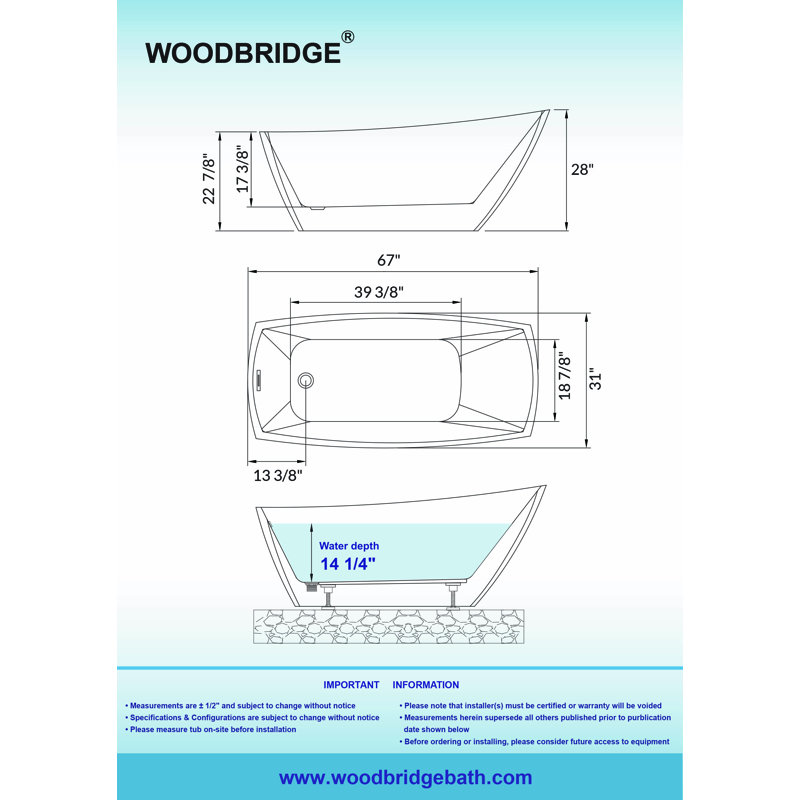 Eden 67'' x 31'' Soaking Acrylic Bathtub, White/Brushed Gold