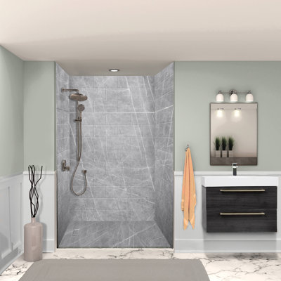 Ensemble de mur de douche 60 po x 36 po x 72/24 po Tranlegid Prodigy Plus, gris cendré (motif de carreaux horizontaux de 8 po x 16 po de couleur pierre)