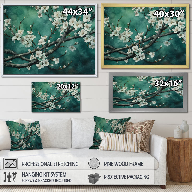 «Flower Whispers» sarcelle, fleurs de cerisier II - art mural floral, H 30 po x l 40 po x P 1,5 po, Toile tendue