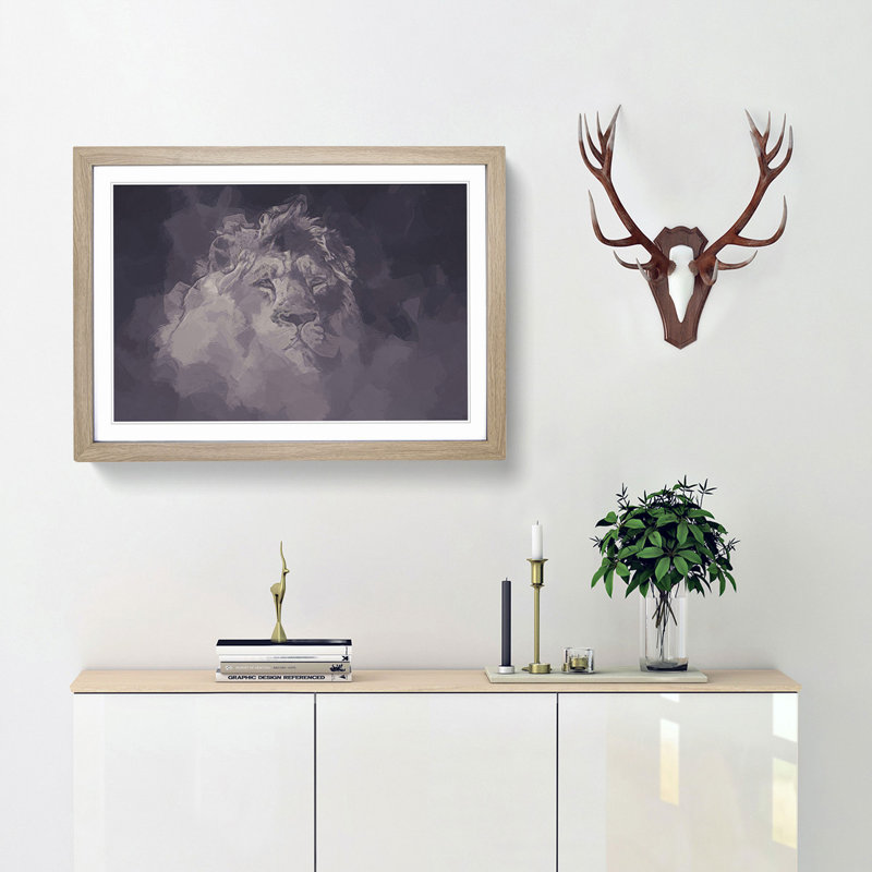 Lion in the Mist in Abstract - Picture Frame Graphic Art Print, Oak, 35cm H x 50cm W x 2cm D
