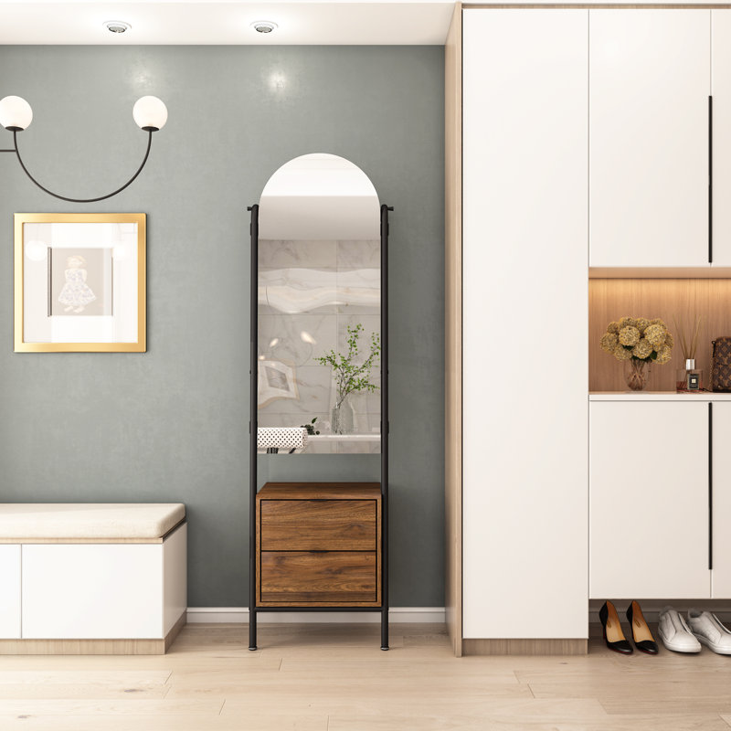 Arched Full-Length Mirror, 3-In-1 Hall Tree Freestanding Body Dressing Mirror Entryway Storage With 2 Drawers For Catchall, Organizer, Walnut