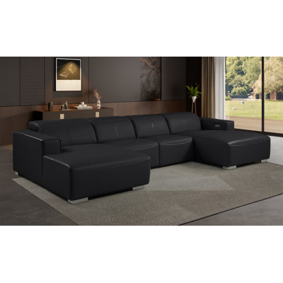 Canapé modulaire en U en cuir véritable 4 pièces noir avec appuis-tête réglables noirs