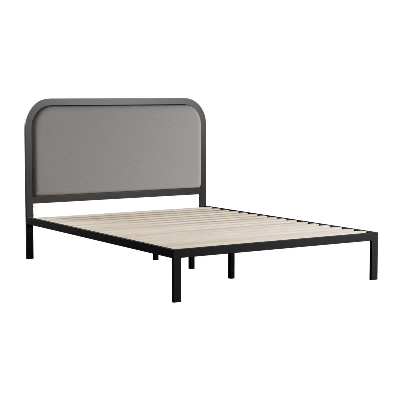 Queen Black Metal Bed Frame with Upholstered Headboard and Slats