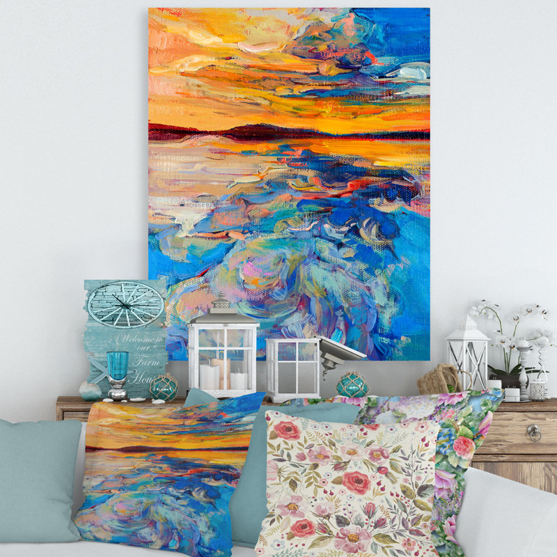 «Orange Sunset over Whirly Blue Waves», peinture sur toile, H 32 po x l 16 po x P 1 po, Toile tendue