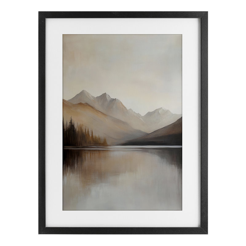 «Mute Lake Neutral Landscape», reproduction encadrée sous verre, design par Petal Prints Design, Cadre noir minuit