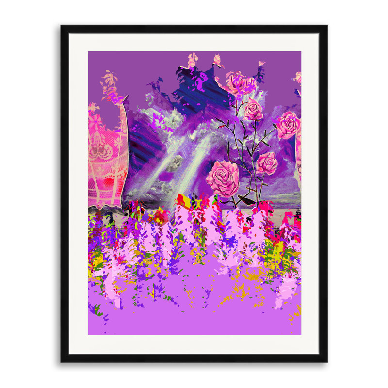 Pink Roses In Lavender Field Print by Batya Kuncman, 30" H x 24" W, Black Framed Paper