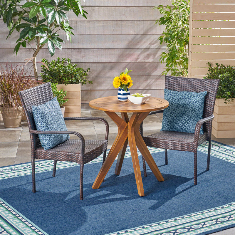 Gustel 2 - Person Acacia Wicker Patio Dining Set with Round Table, Teak/Brown