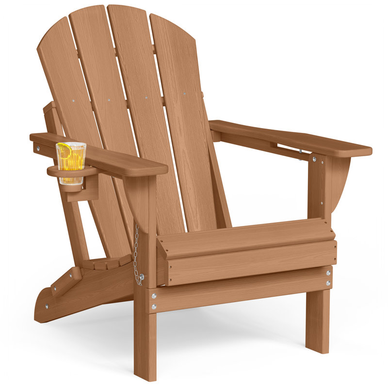 Mallette Adirondack Wood Texture HDPE Foldable Chair Pit Chair with Cup Holder, Teak