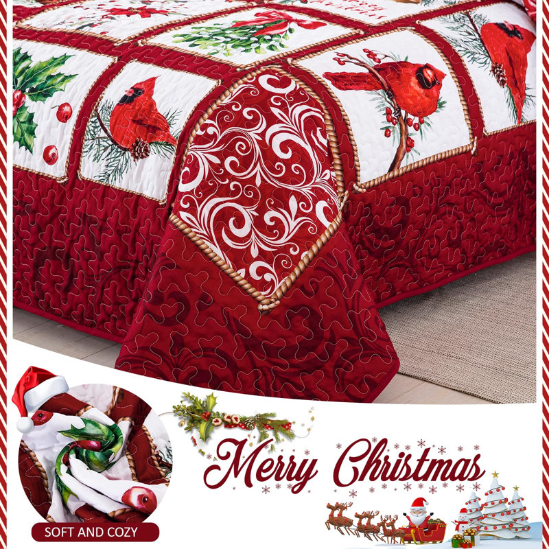 Christmas Cardinal and Poinsettia 3-Piece Coverlet Set, King