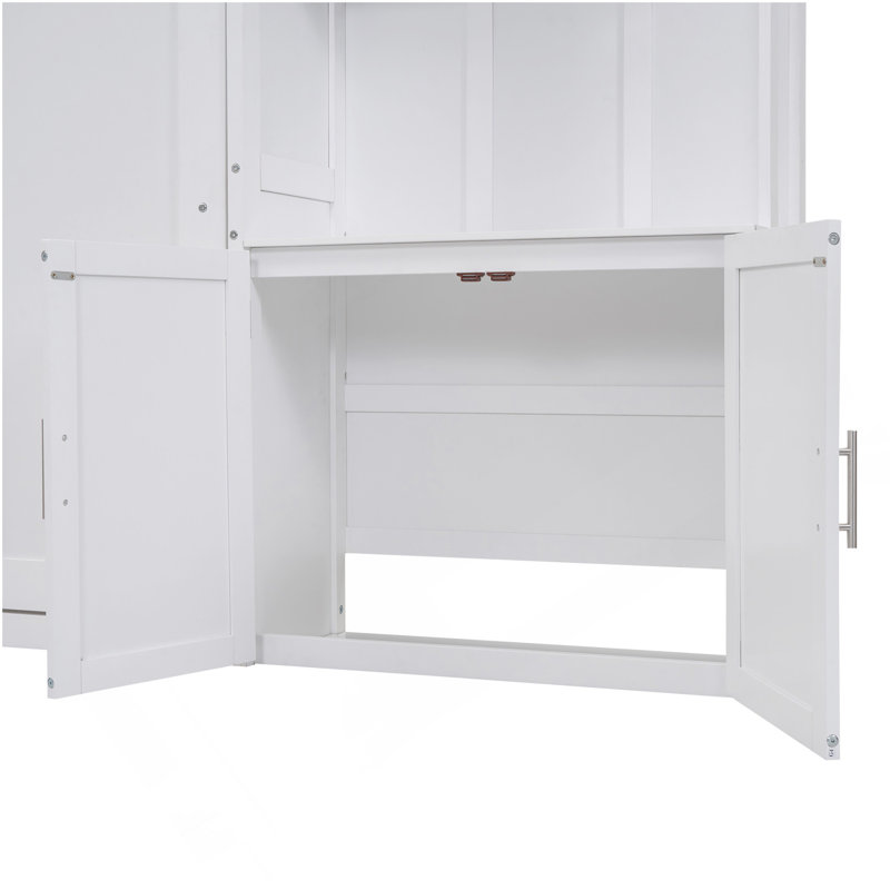 Lit escamotable double avec plusieurs tablettes de rangement et une armoire, blanc