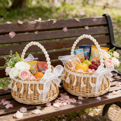 2 PCS en osier rotin fille de fleur panier en osier tissé à la main paniers avec poignée de perle glands arc panier de fleurs de fées panier de fleurs panier de rotin pour les noces de mariage