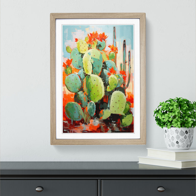 Cactus Action Painting Art - Framed Print, Oak, 64cm H x 46cm W x 2cm D