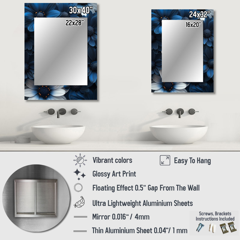 Nocturnal Nirvana blanc bleu Mums - Mums miroir, miroir mural traditionnel unique, impression d'art en métal, 32 po x 24 po