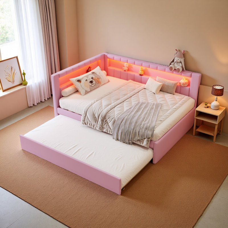 Upholstered Platform Bed With USB Ports And LED Belt, With Trundle, Full/Double, Pink