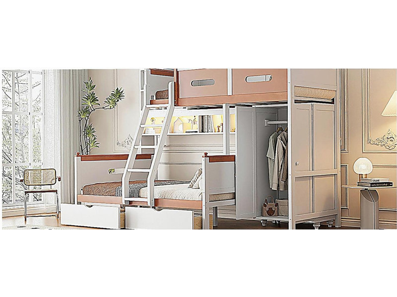 Lit superposé simple au-dessus d'un lit double en bois avec garde-robe, tiroirs, tablettes et lumière DEL (blanc + orange)
